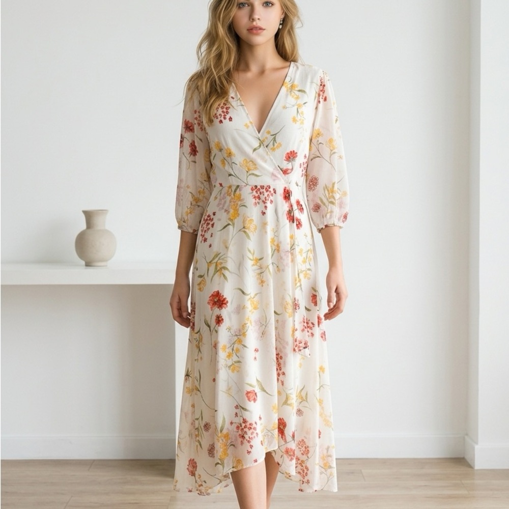 Calvin Klein Floral Wrap long Dress in Cream with Red & Yellow Accents